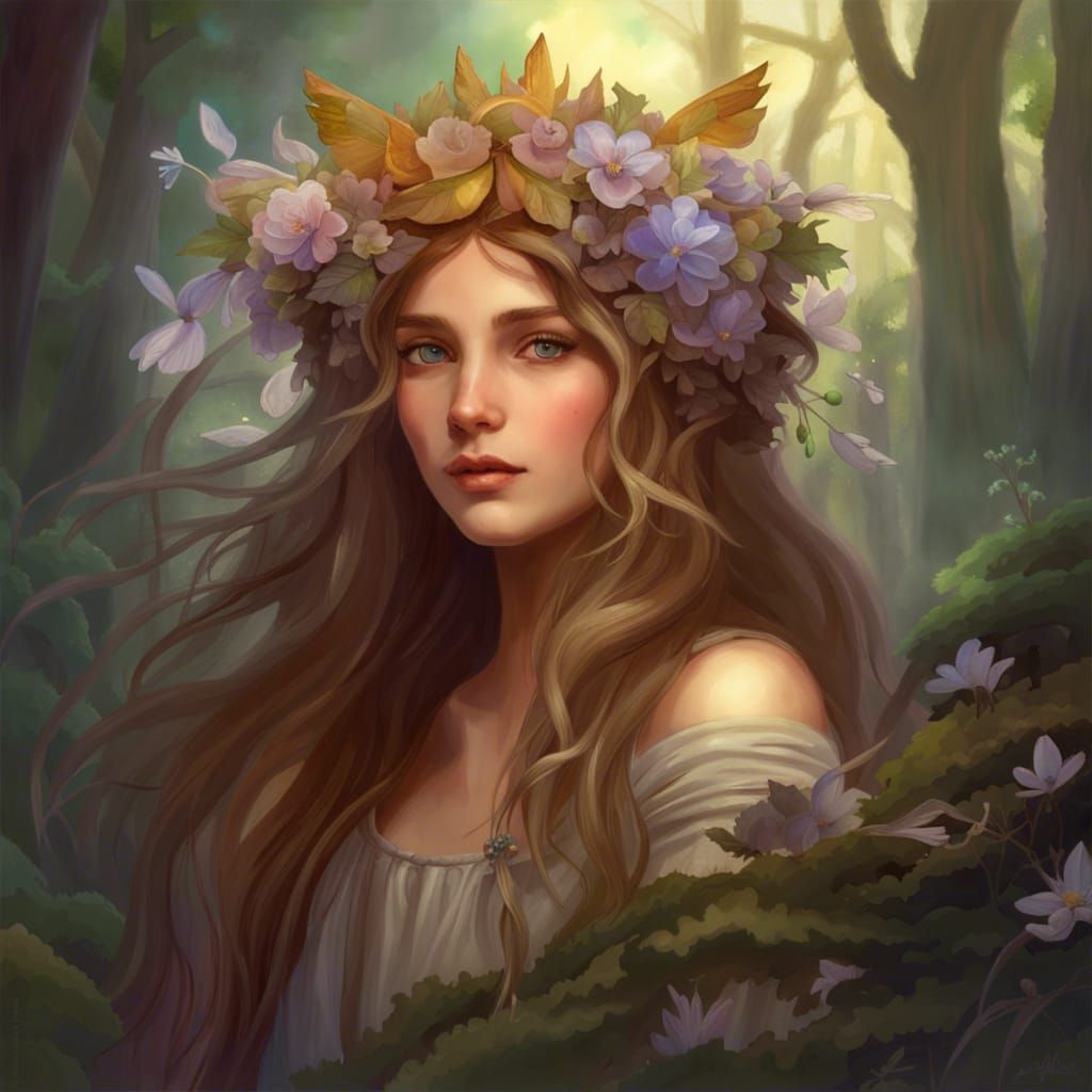 Elegant Fae Pixie in Enchanted Woodland, Art Nouveau