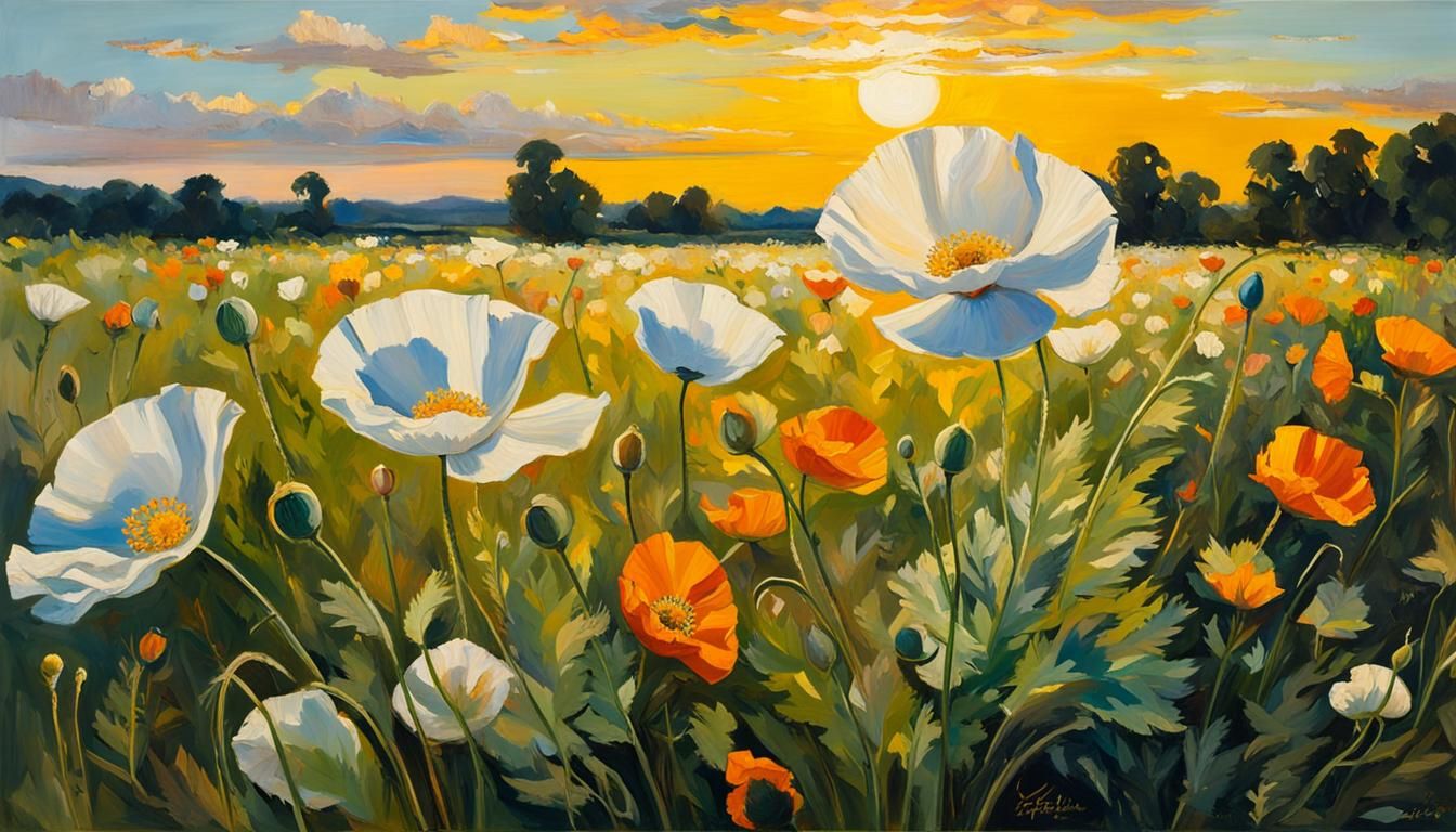 White Poppy in Meadow, Oil Painting Style