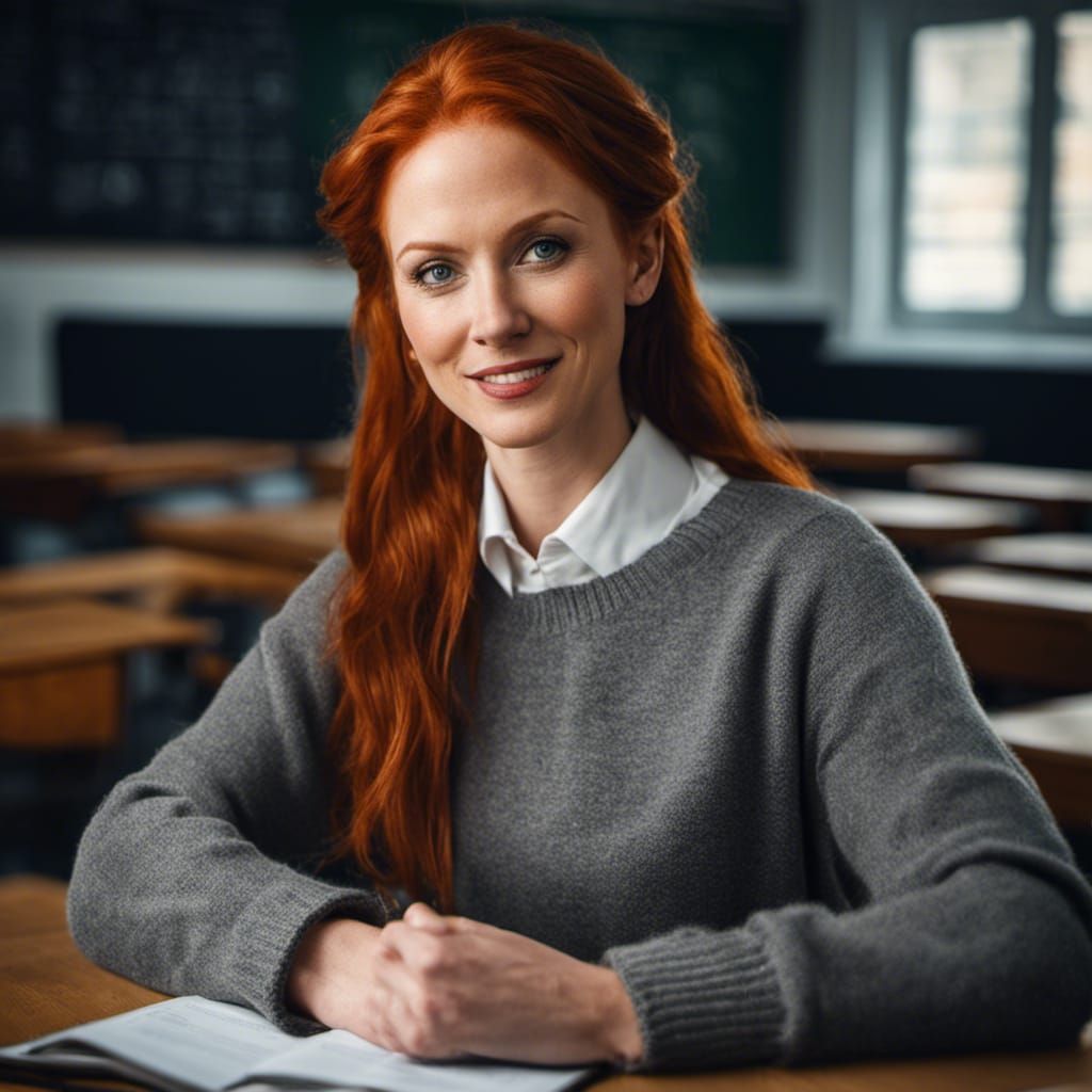 Redhead Teacher in Sweater: AI-Generated Portrait