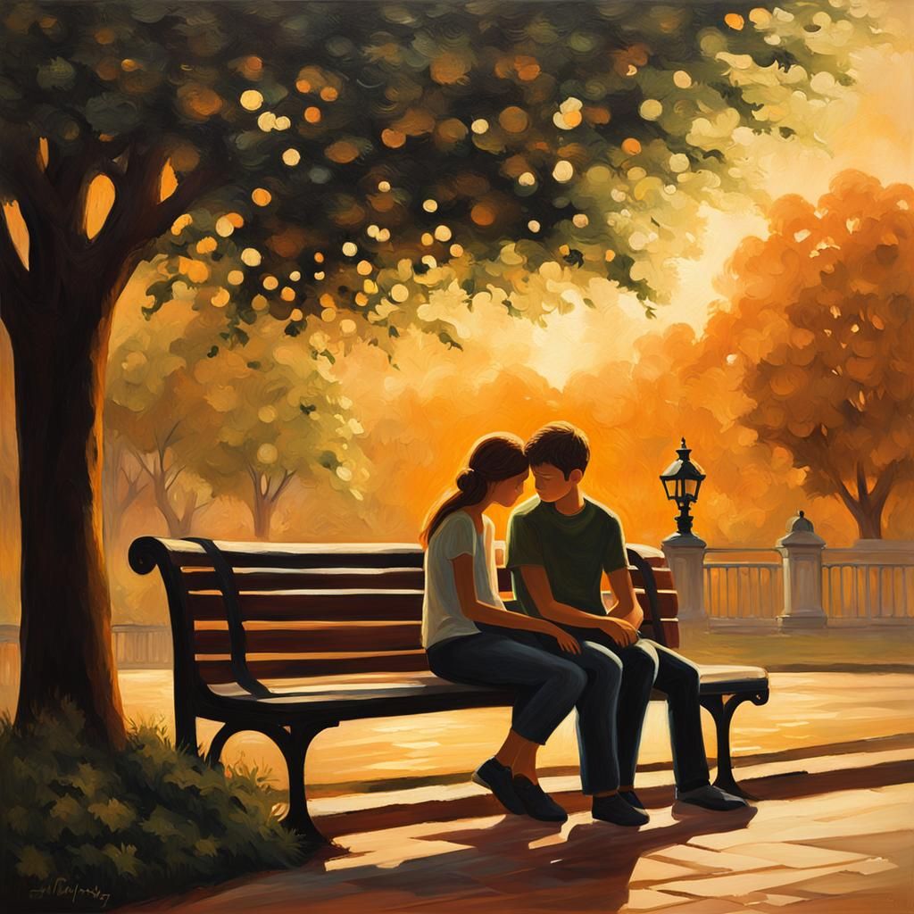 Romantic Couple in Golden Light, Oil Painting