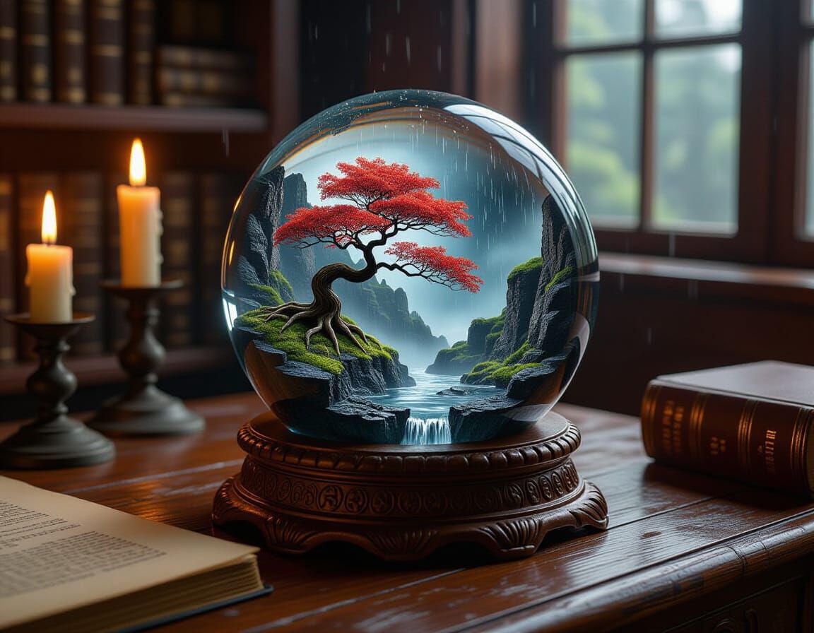 Crystal Ball Terrarium of Chaos with Stormy Bonsai