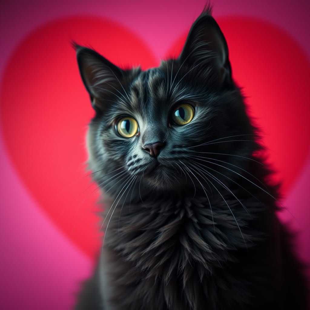Whimsical Dark Grey Cat in Heart Gradient Background