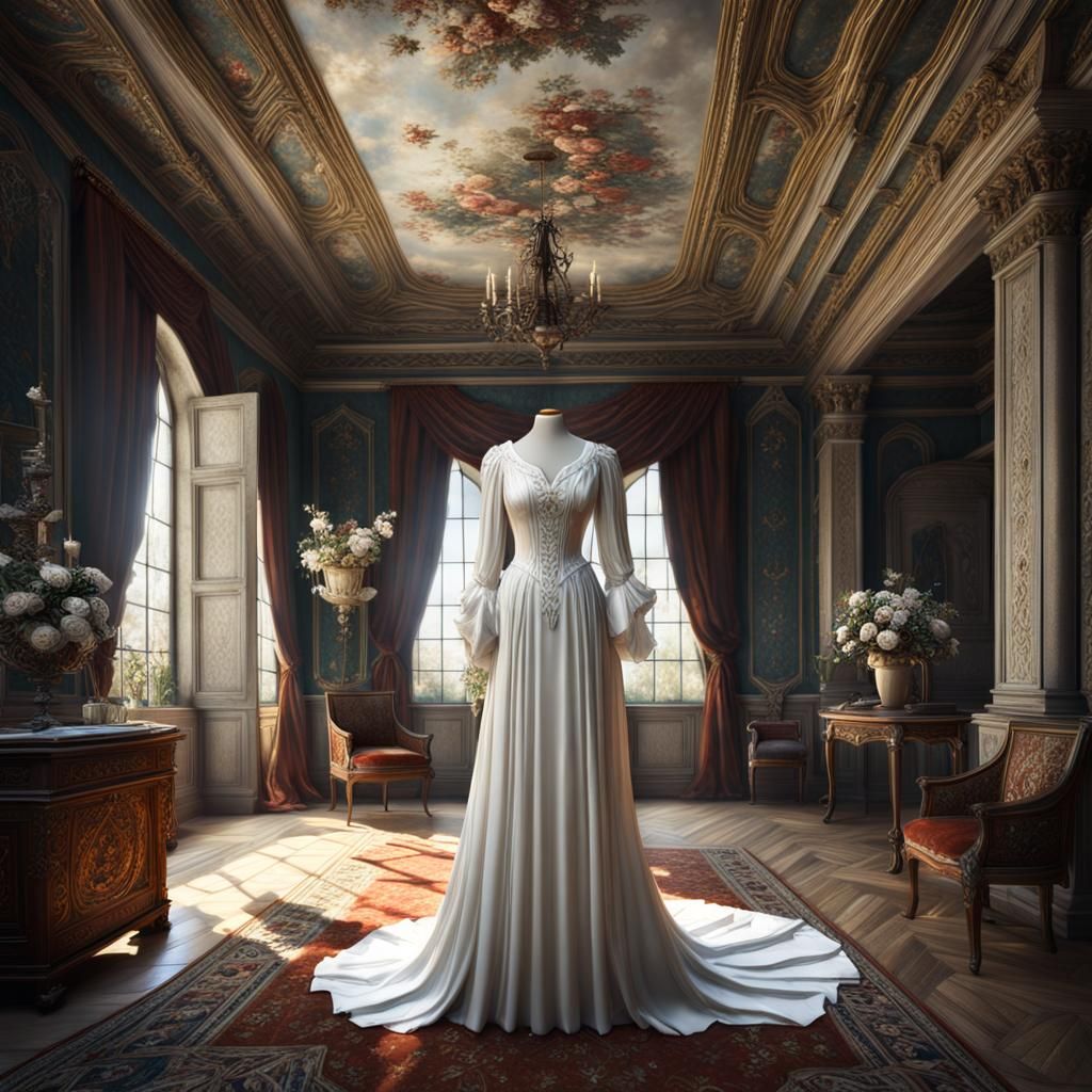 Woman in White Dress in Floral Medieval Manor