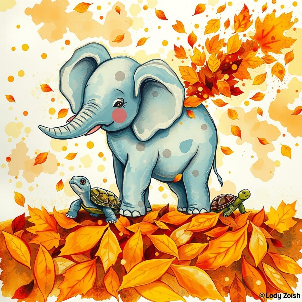 Baby Elephant and Turtle in Alcohol Ink Autumn