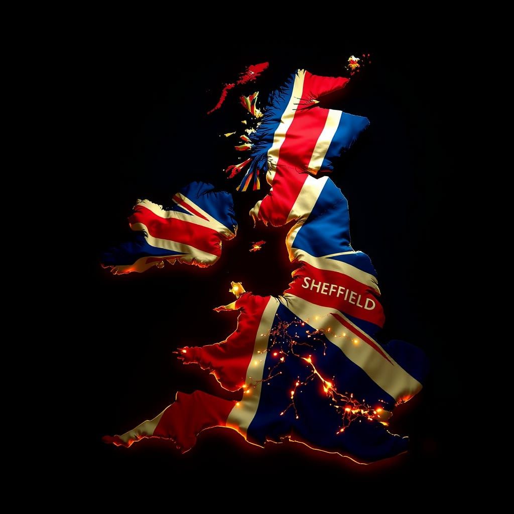 Vibrant UK Map with Sheffield as Centrepiece, Illuminated in...
