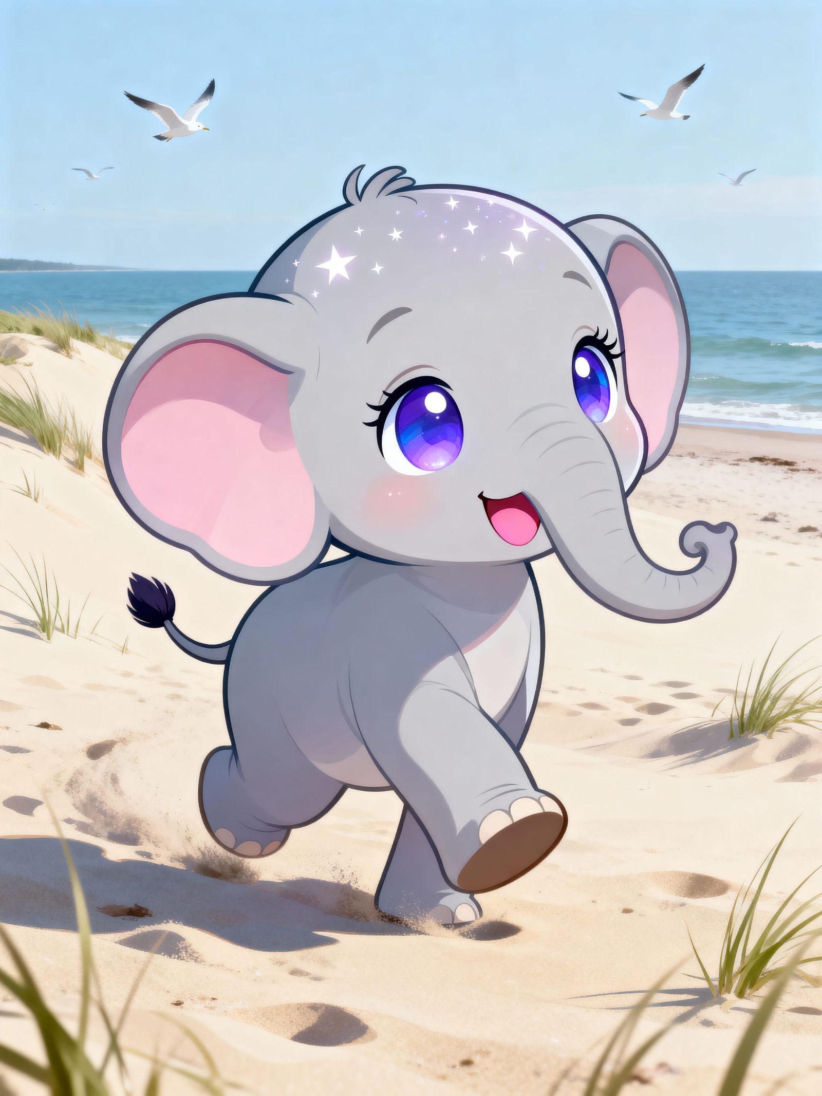 Chibi Elephant Cartoon in Pastel Baltic Coast Scene