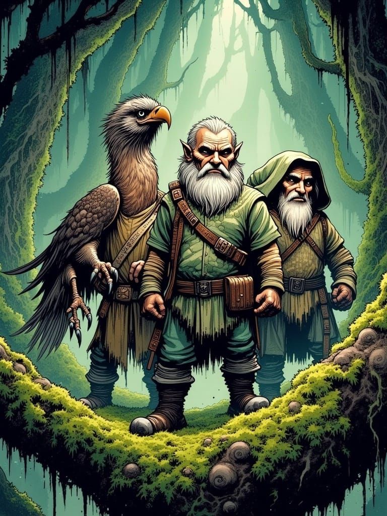 Enchanted Forest Dwarves with Eagle in Anime Style