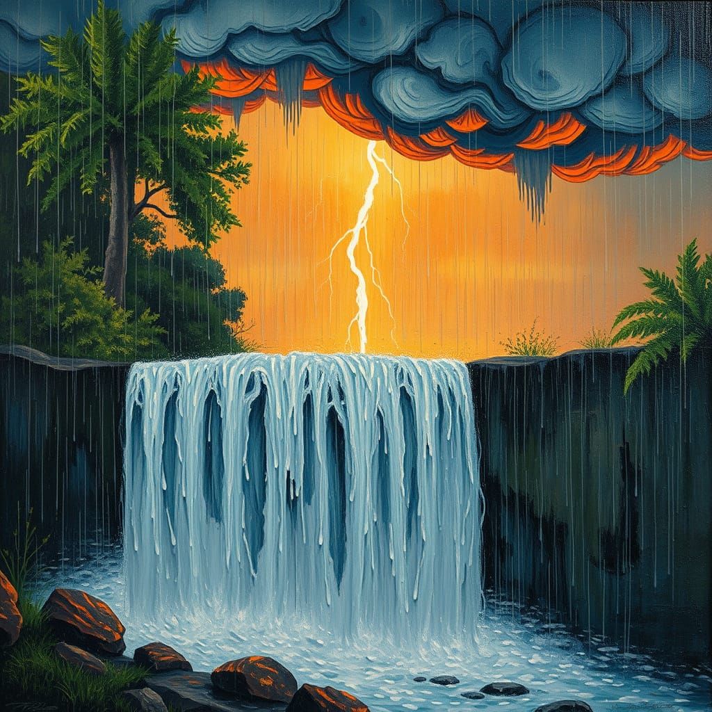 Stormy Waterfall in Expressionist Neo-Impressionism Style