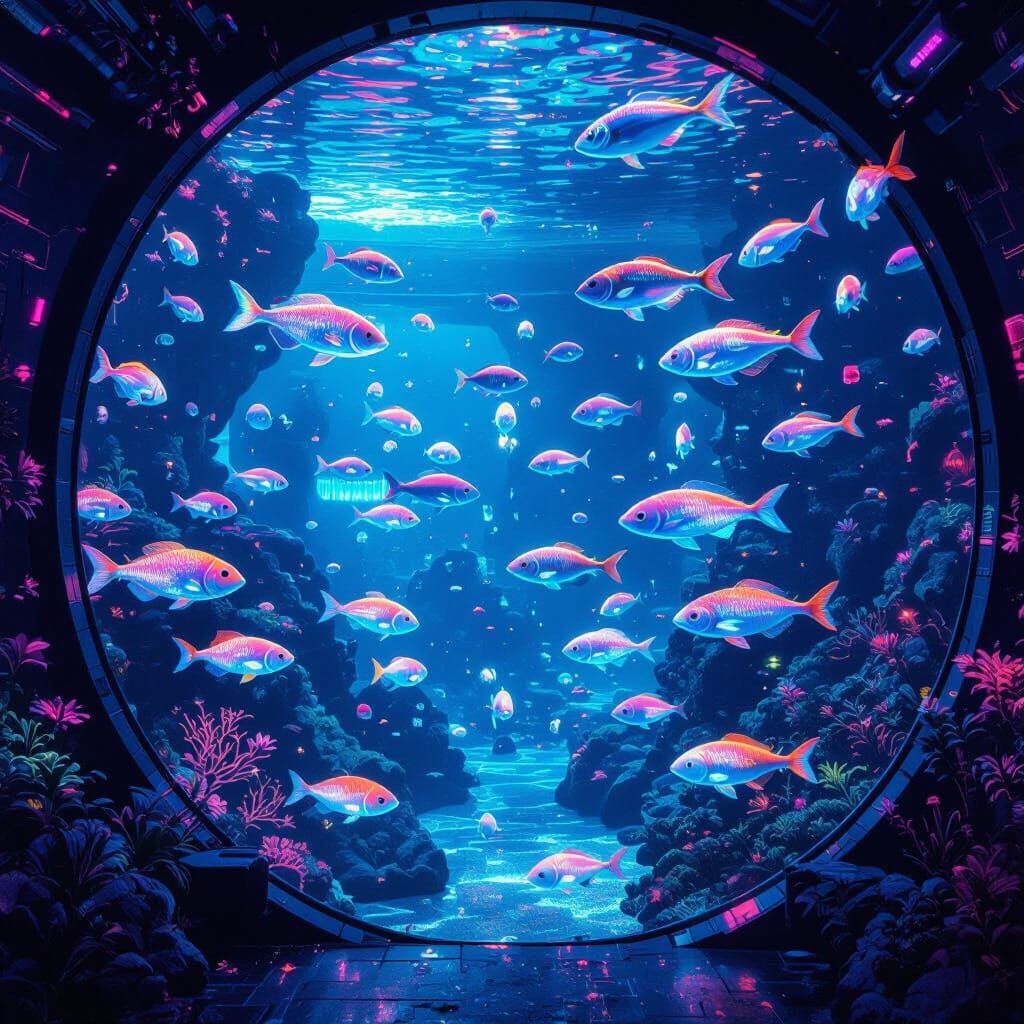 Futuristic Aquarium: Holographic Fish in Neon Underwater Sce...