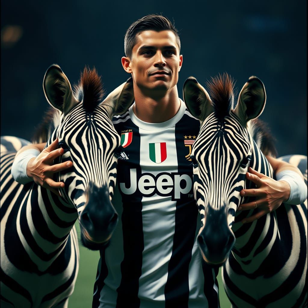 Cristiano Ronaldo Embracing Zebras in Cinematic Film Style