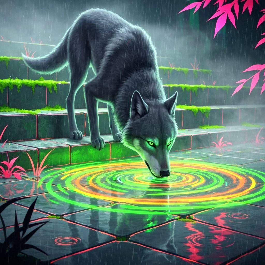Neon Wolf Drinks from Swirling Pool: Fantasy Realism