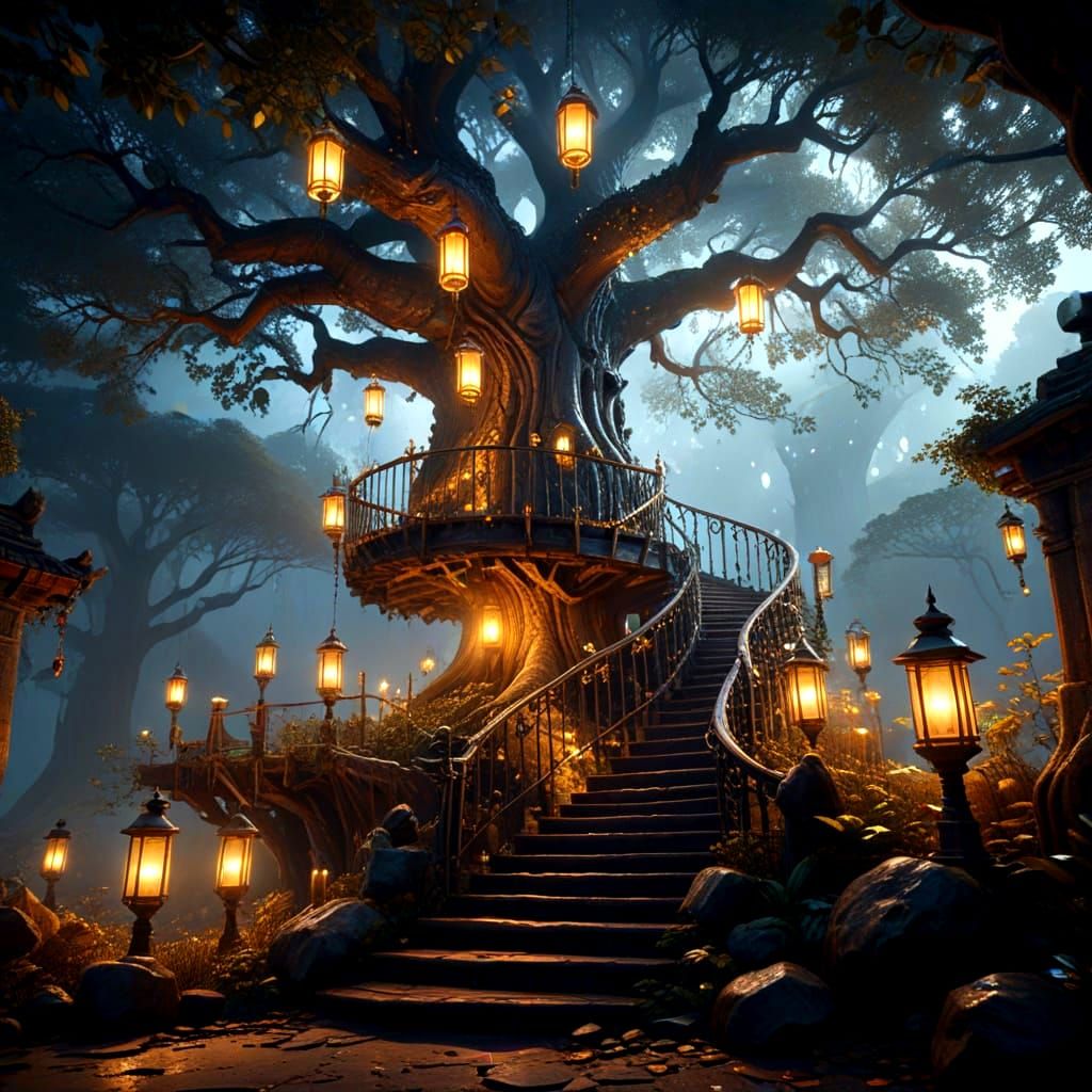 Enchanted Tree Interior with Winding Staircase