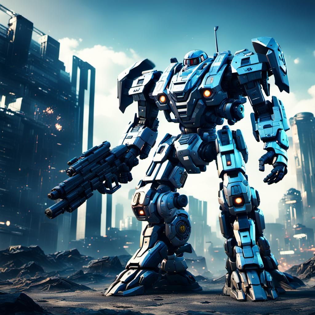 Futuristic Police Mech with Guns in Sci-Fi City