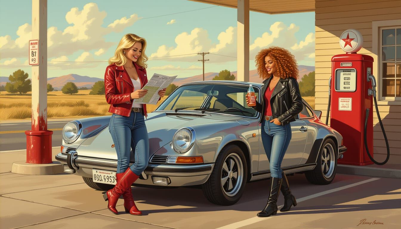 Textured Painting of Women and Classic Porsche