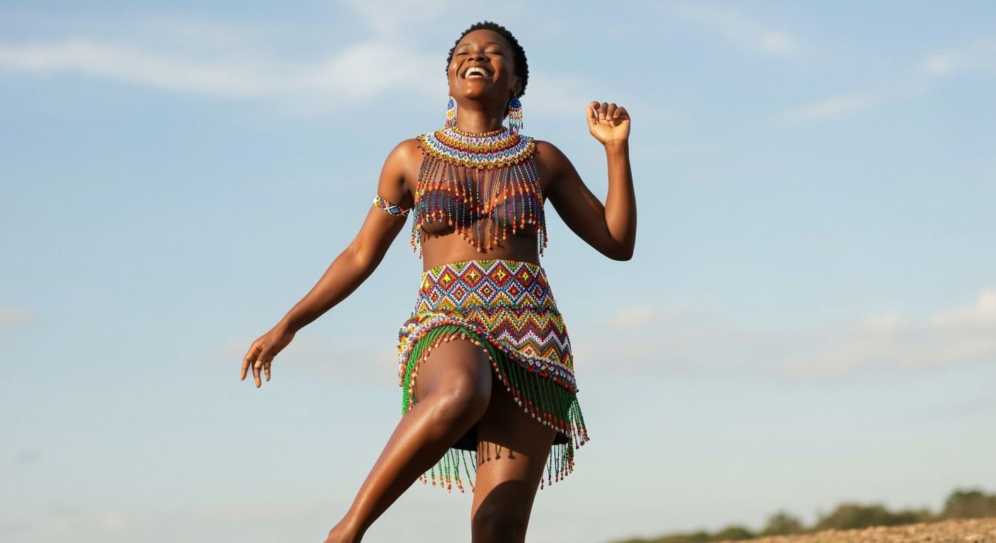 Joyful African Woman Dancing in Beaded Dress