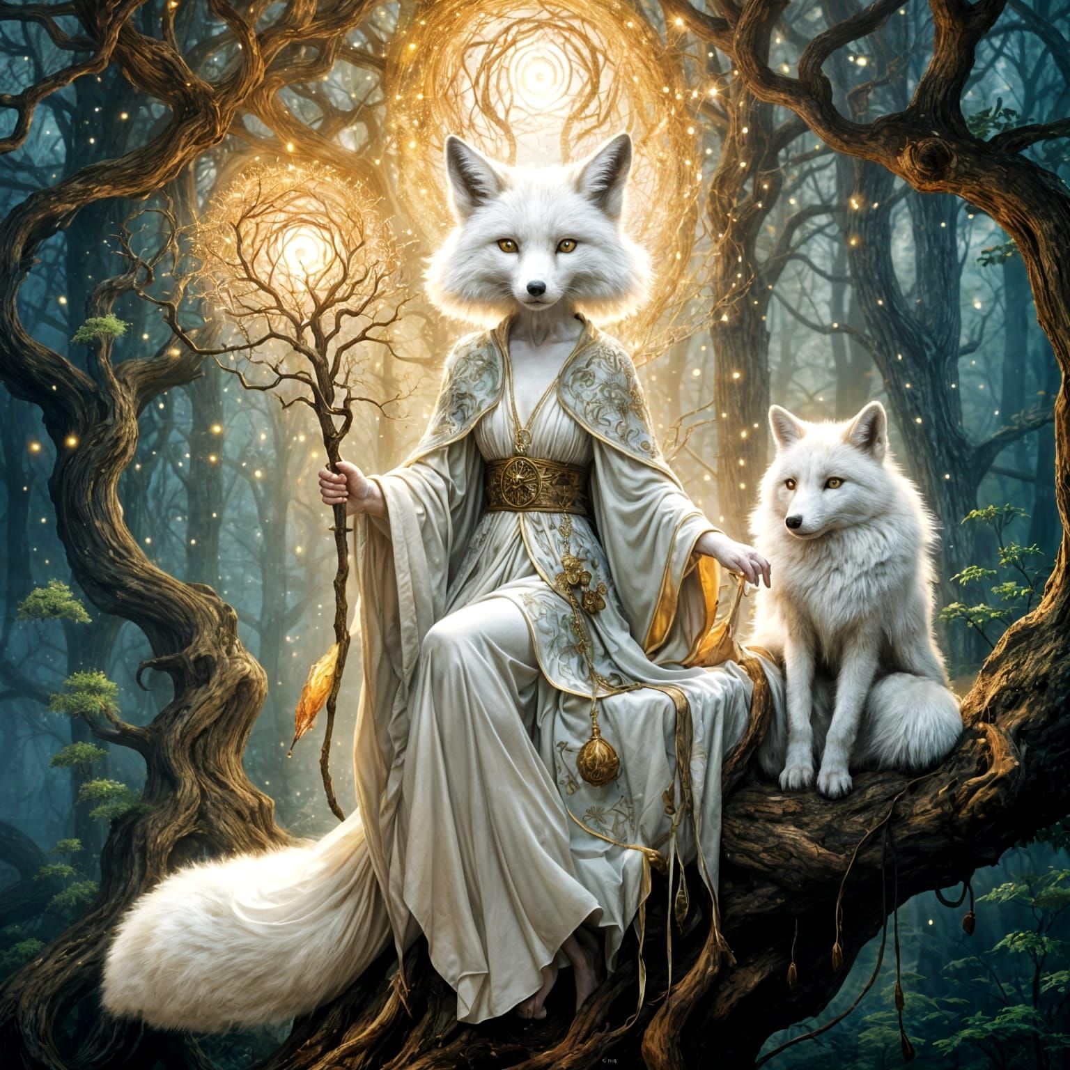 Whimsical White Fox Wizard in a Tree