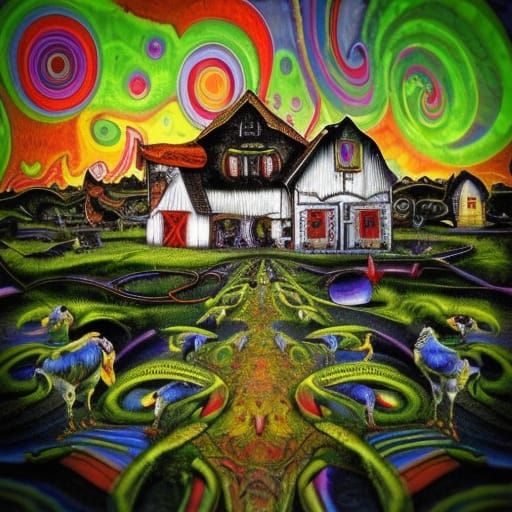 Psychedelic Midnight Farm in Steampunk Baroque Style