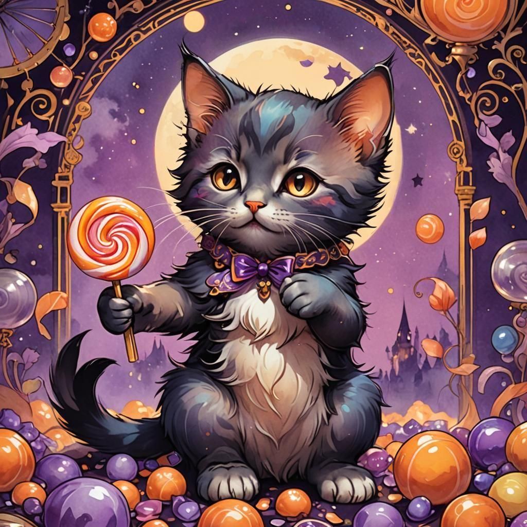 Kawaii Kitten Ready for Trick-or-Treating, Alphonse Mucha St...