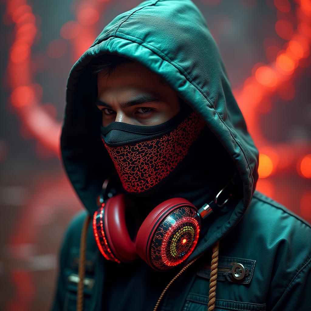 Masked Man with Dragon Scale Background in Cyberpunk Style