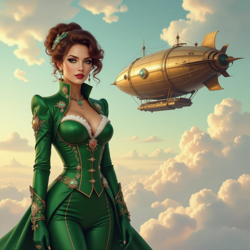 Steampunk Woman with Jewels & Airship in Dreamy Sky