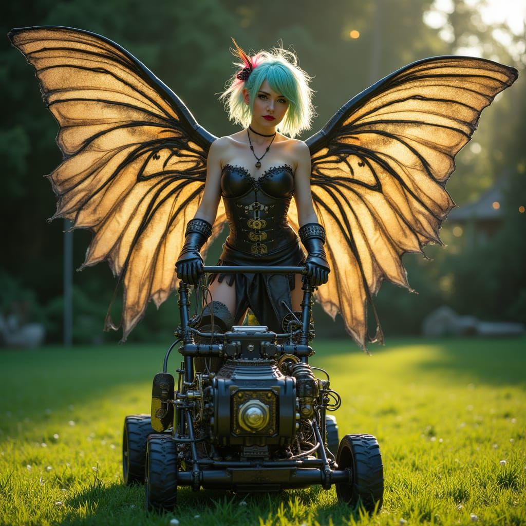Dieselpunk Valkyrie with Clockwork Wings and Lawnmower