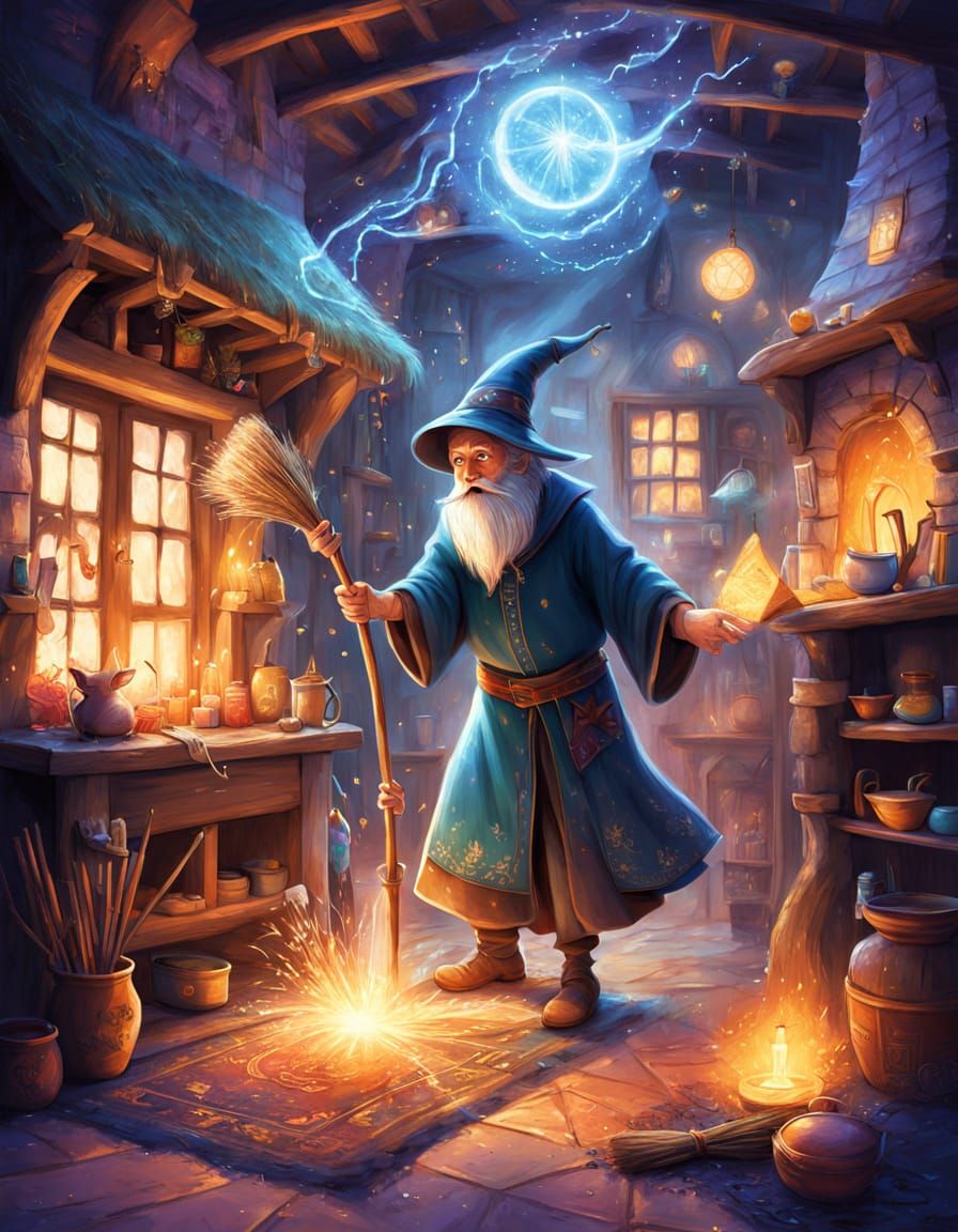 Whimsical Wizard Sweeping Cottage Floor with Magic Broom