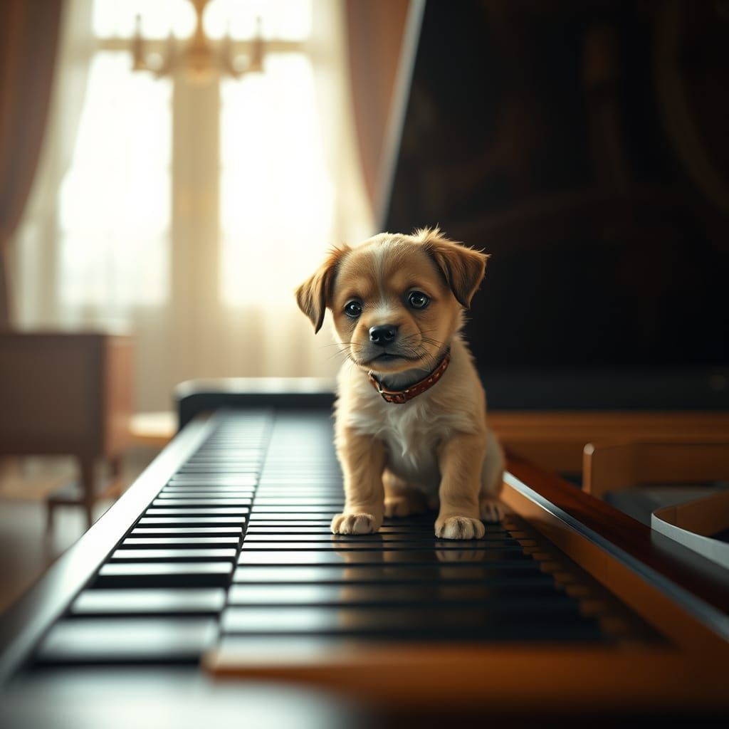 Puppy on Piano in Realistic 3D Rendering