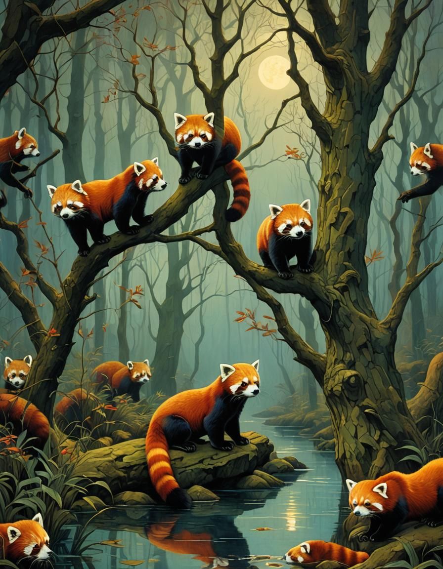 Red Pandas Playing: Neo-Cubist Moonlight Scene
