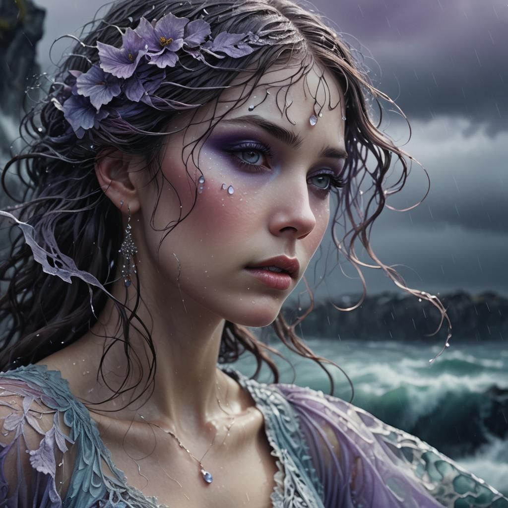 Woman in Lace at Cliff, Ethereal Art Nouveau