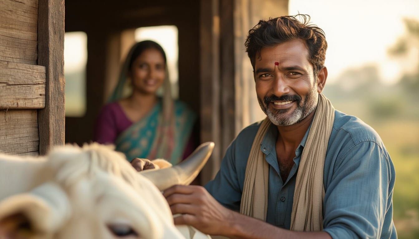 Bengali Farmer Milking Cow in Golden Hour Light