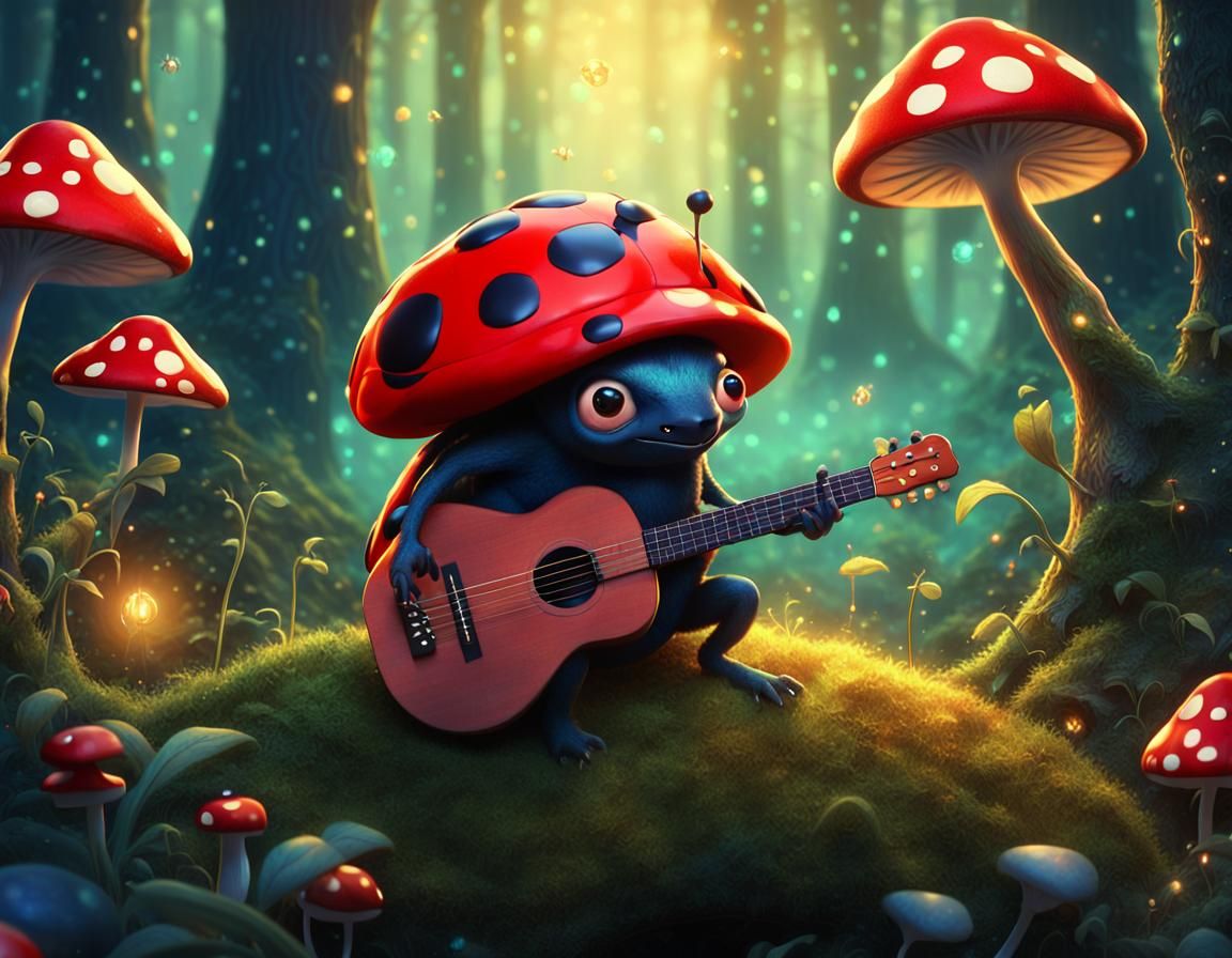 Ladybug Guitarist in Mystical Forest, Miyazaki Style