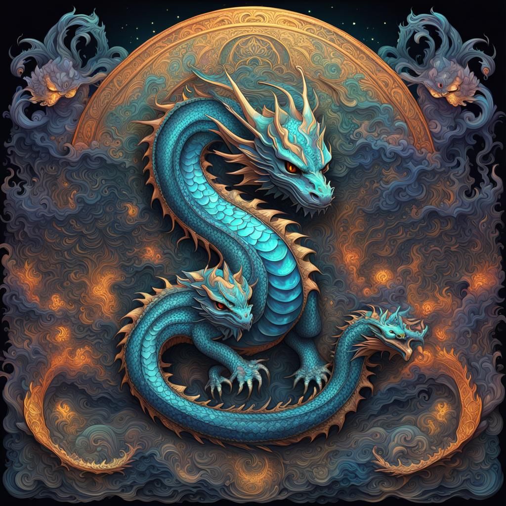 Iridescent Dragon Neko Waifu in Art Nouveau Style