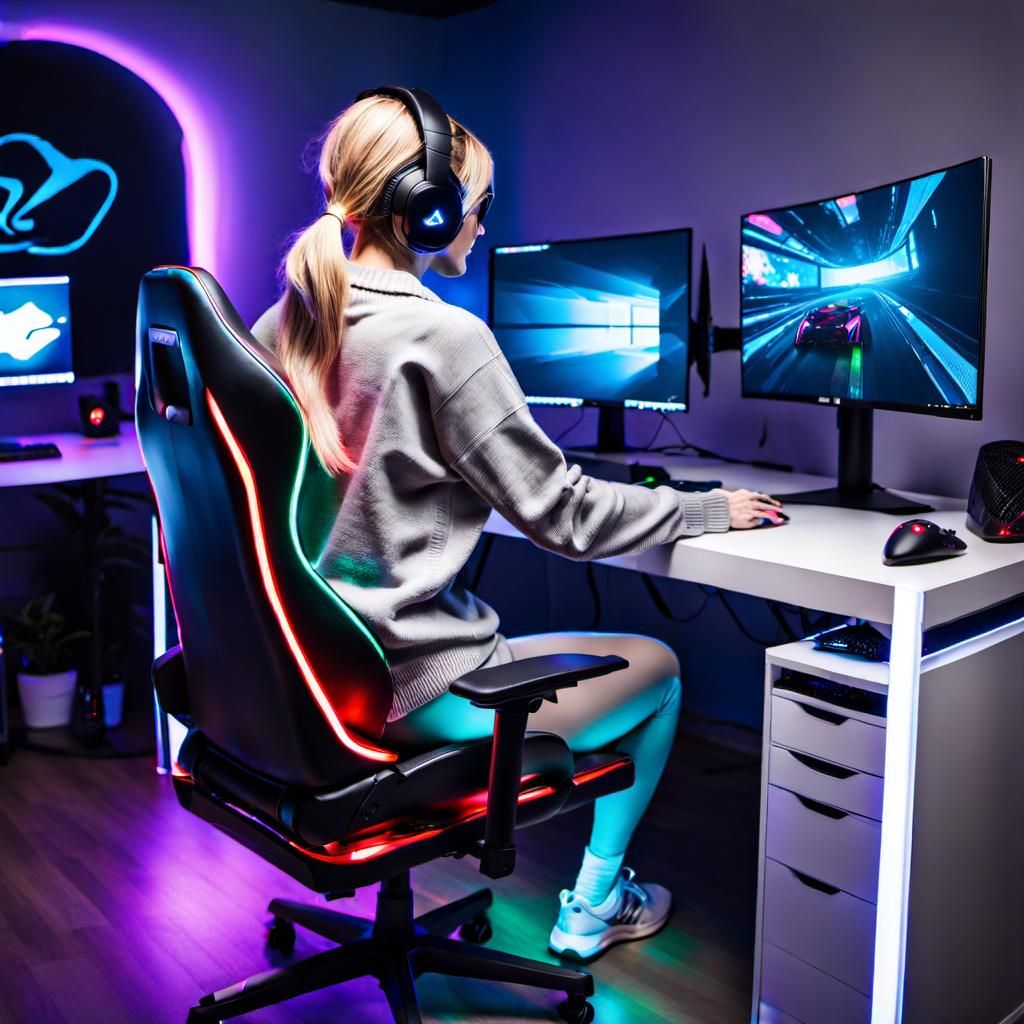 Blonde Gamer Girl Racing on Multi-Screen PC Setup