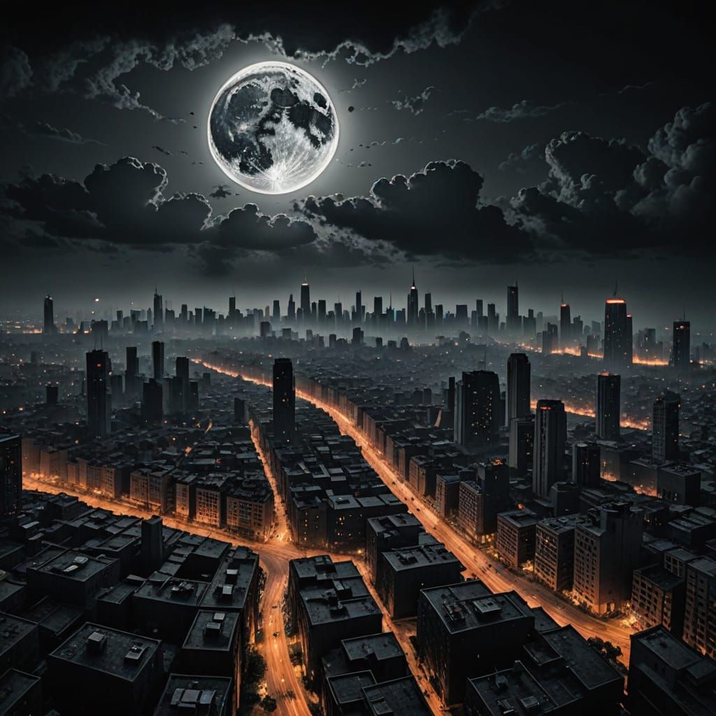 Black Moon Rises Over Apocalyptic City Landscape