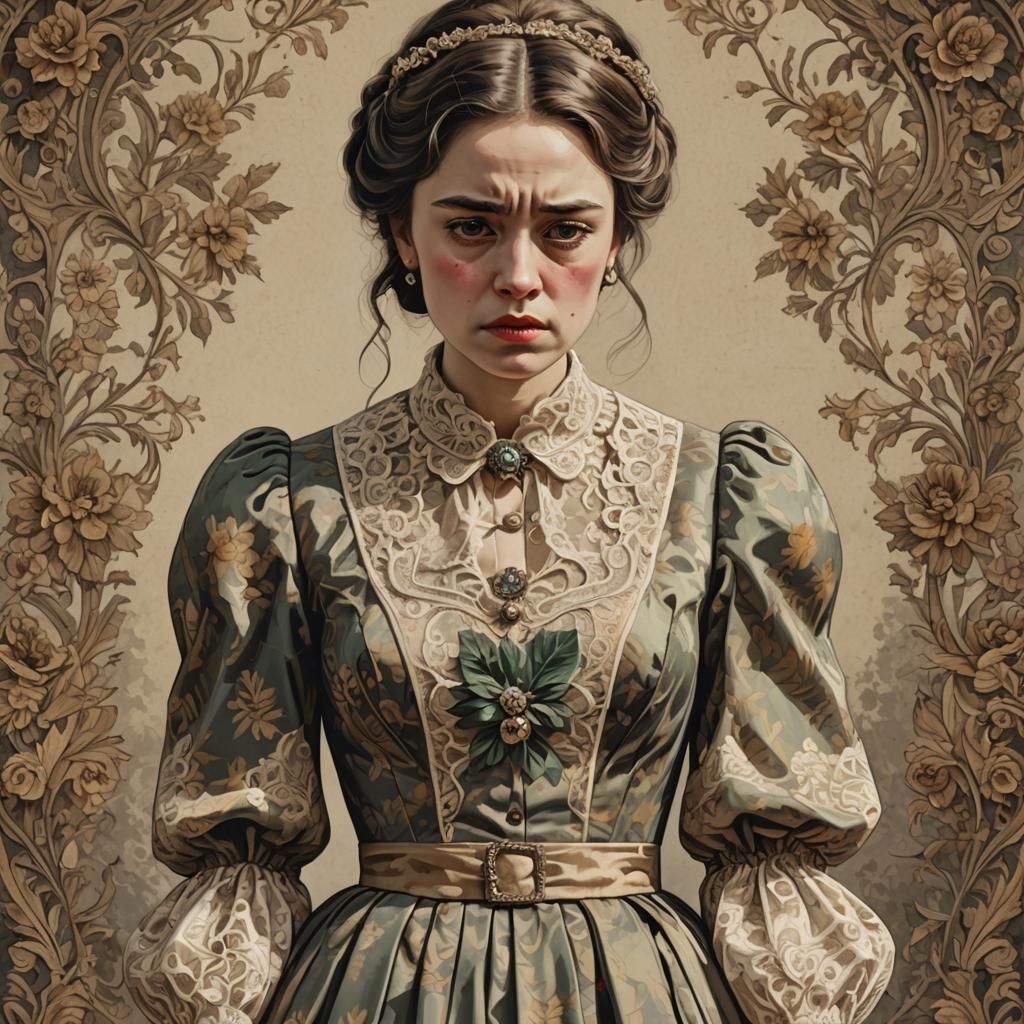 Upset Woman in Vintage Dress, Hyper Detailed