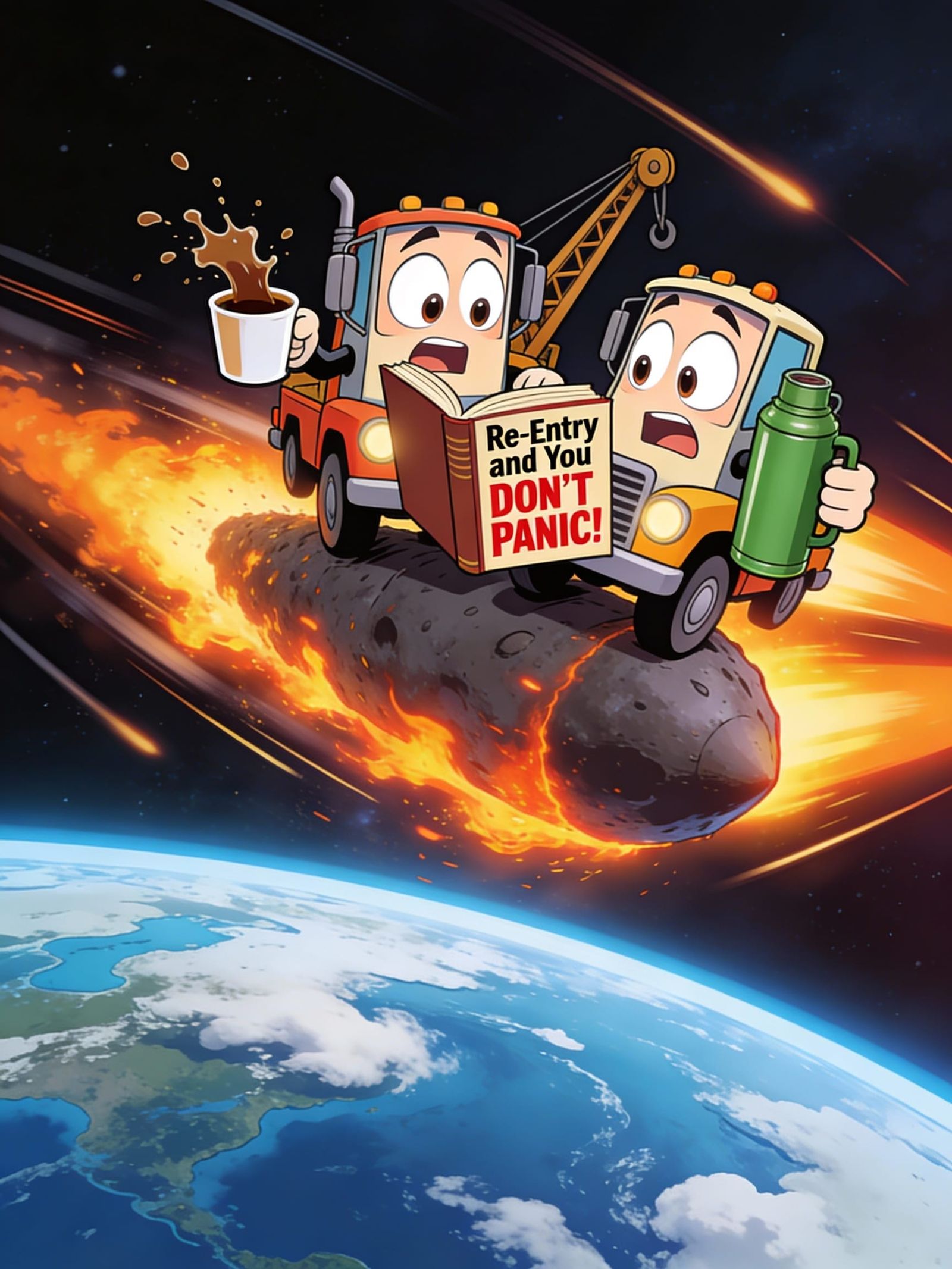 Cartoon Tow Trucks Panic on Coffee-Fueled Meteor
