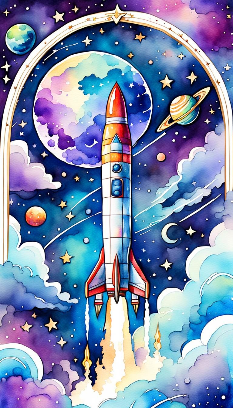 Whimsical Rocket Bookmark in Watercolor Style