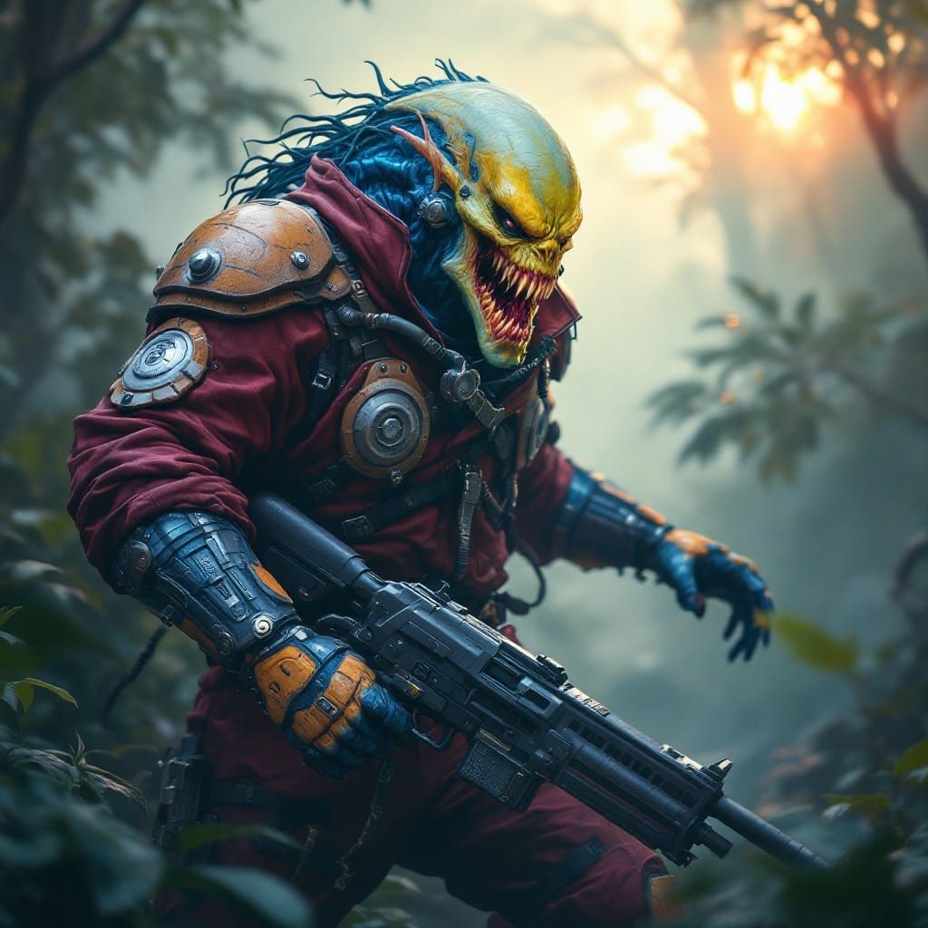 Gritty Jungle Warrior in Futuristic Armor