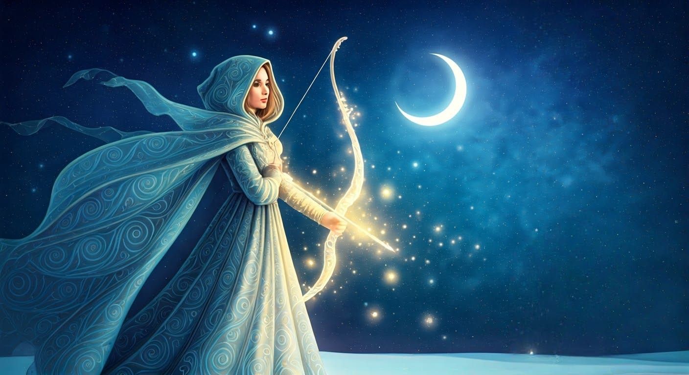Maiden Under New Moon in Whimsical Winter Dreamscape