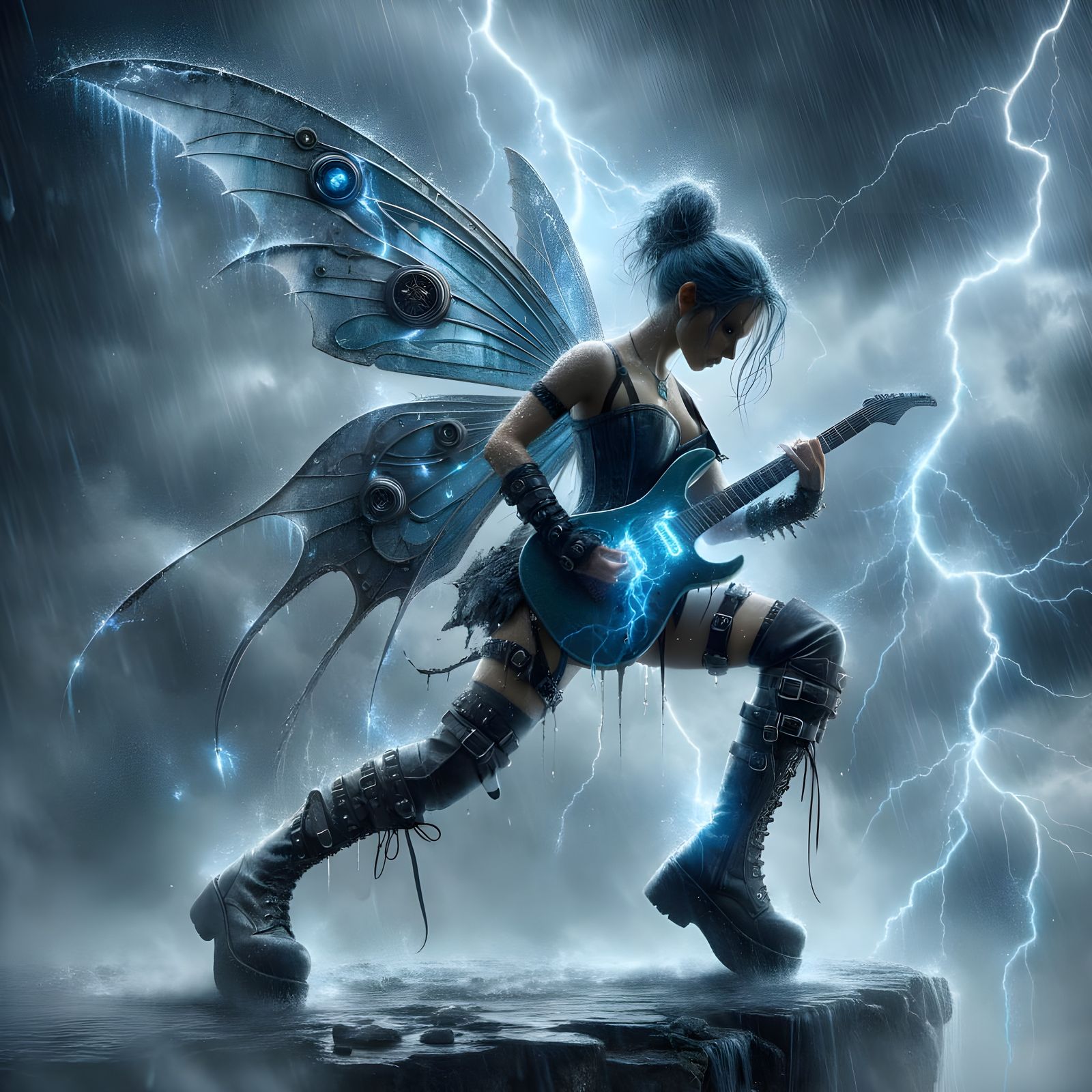 Storm Fairy on Cliff Edge with Metallic Wings, Photorealisti...