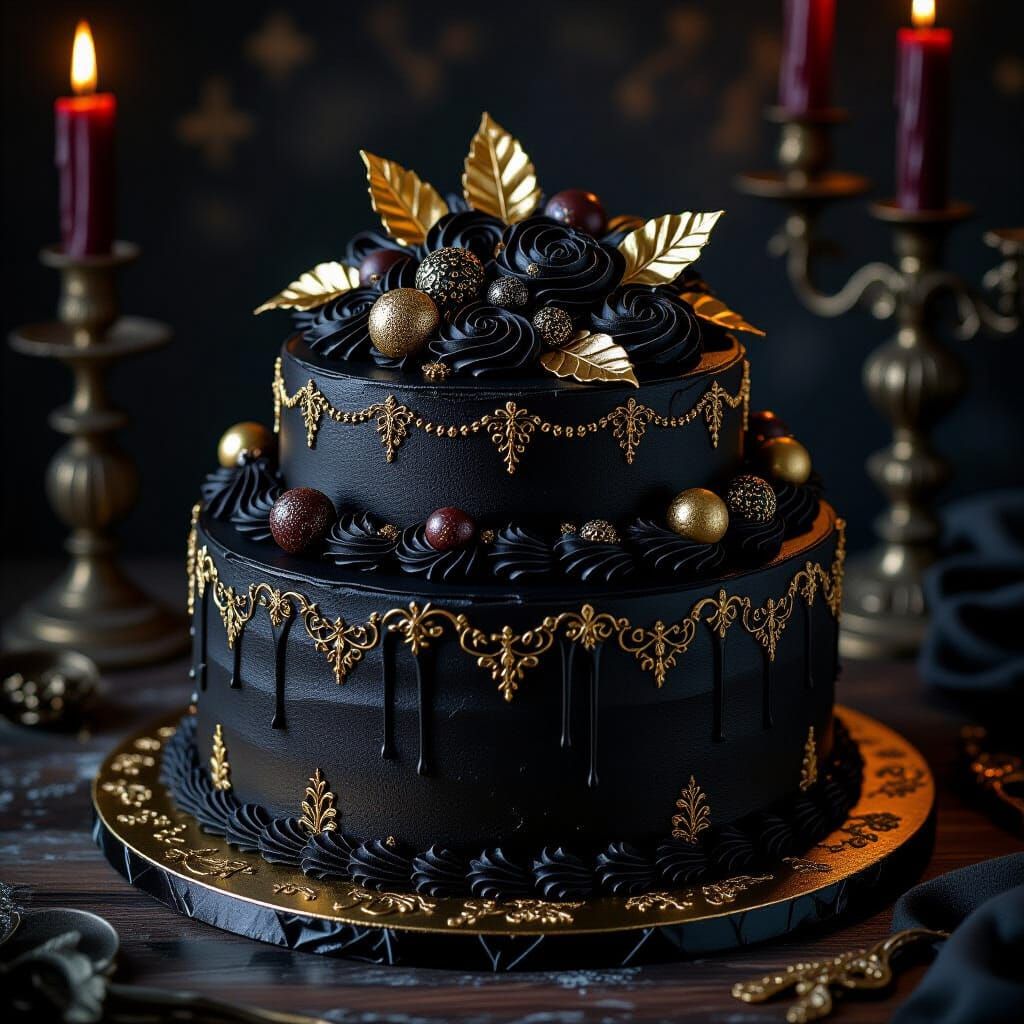 Ominous Cake with Gold Leaf in Gothic Baroque Style