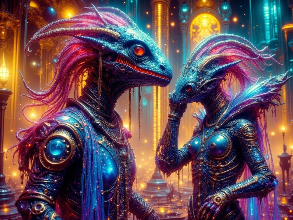 Cybernetic Reptilian Humanoids in Rococo Setting