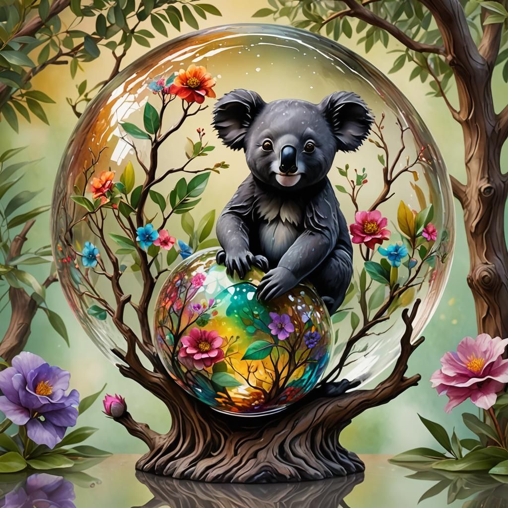 Koala Sculpture in Glass Sphere, Watercolor Background