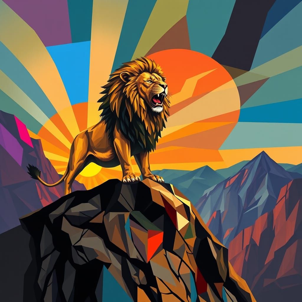 Lion Standing on Cliff in Vibrant Cubist Sunrise