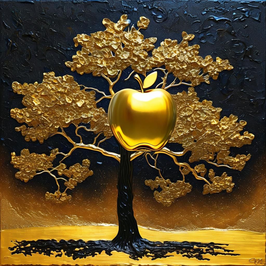 Golden Apple Tree: Surreal Impasto Gold Abstract