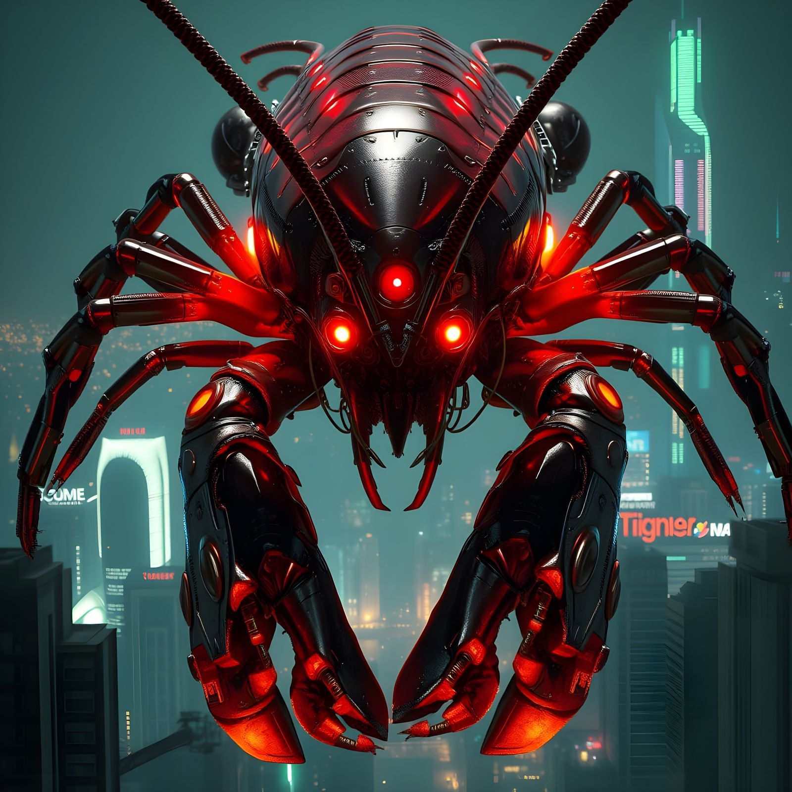 Hyperrealistic Lobster Mech Towers Over Cityscape