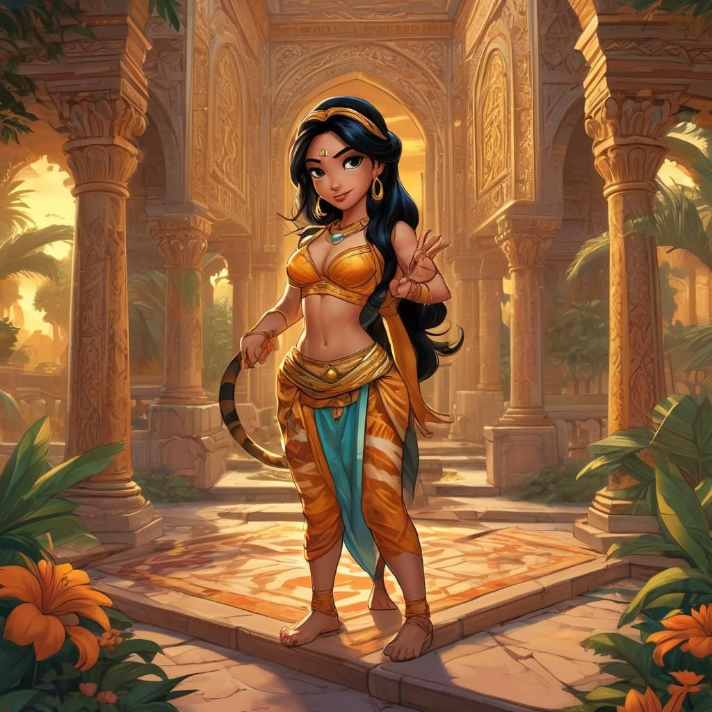 Chibi version of princess Jasmine and her tiger