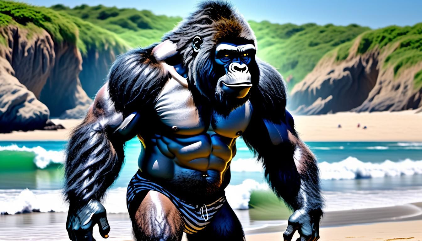 Comically Hairy Man Embarrassed at Public Beach