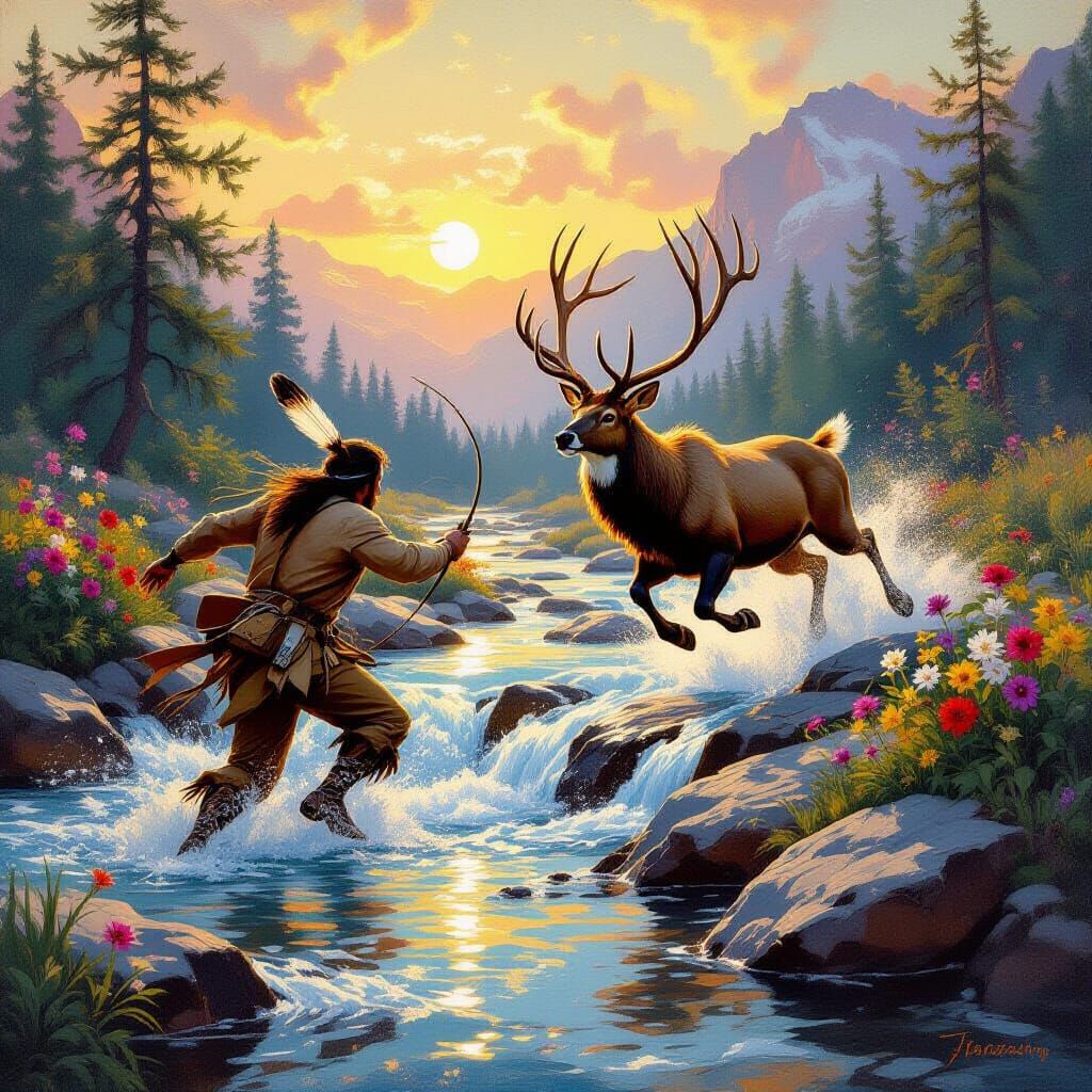 Indigenous Hunter Chases Stag Across River in Golden Hour Oi...