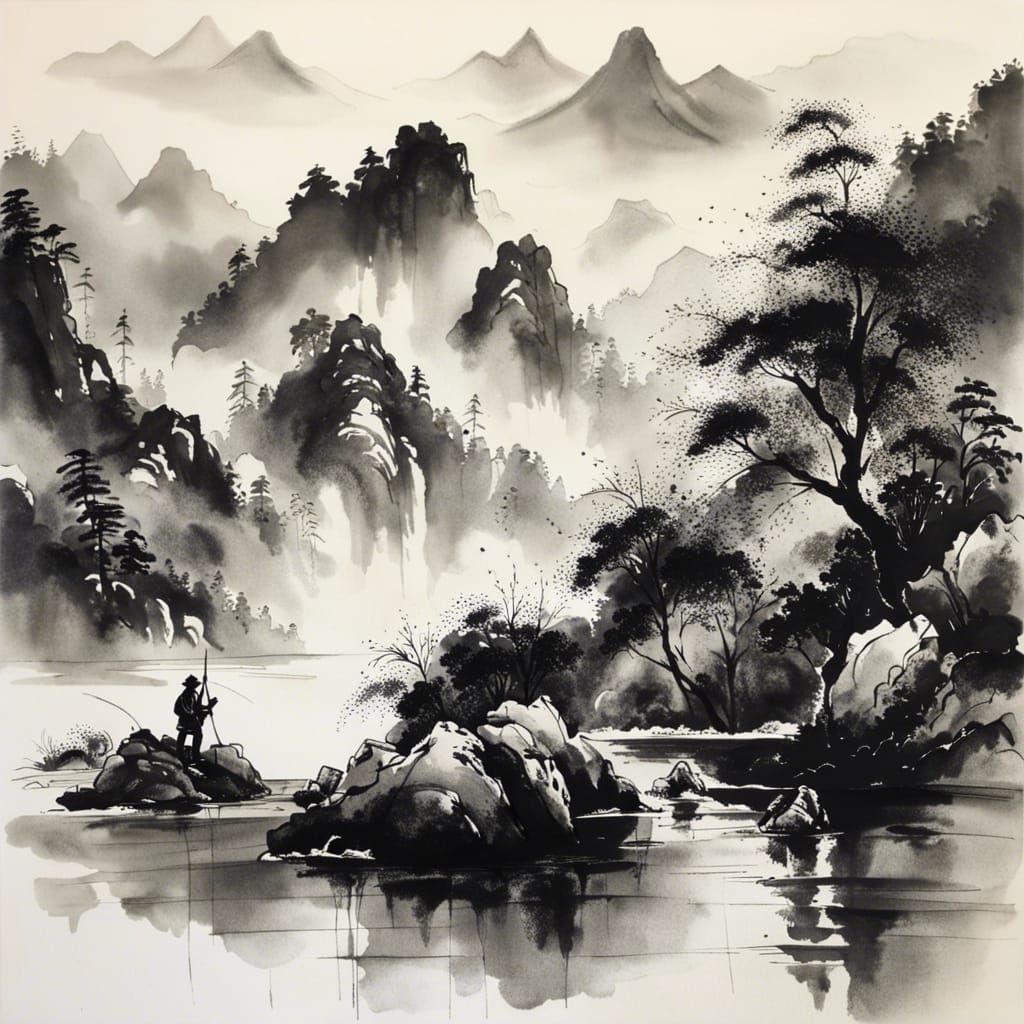 Peaceful Mountains: Black and White Ink Drawing